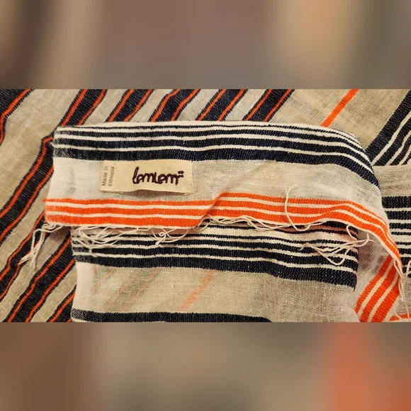 LemLem Square Cotton Scarf Wrap Neon Pink and Navy Blue with Fringe Striped - Picture 4 of 7